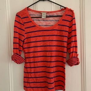 American Rag Coral and navy striped 3/4 sleeve top